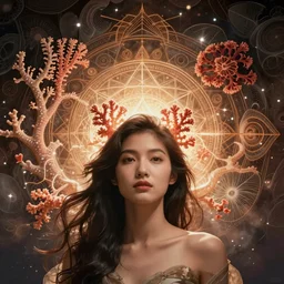 ridiculously beautiful young asian woman tripping, coral fractals radiating from head with sacred geometry, natural, awakening, symmetrical, in the style of ernst haeckel, effervescent, warm, photo realistic, epic and cinematic, intricate linework in background