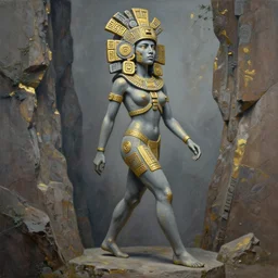 beautiful aztec inca woman colossus, well proportioned, pacing to cliffs, by eddie mendoza, hyperrealism, expressive eyes, cyborgess, beksinski grey and gold
