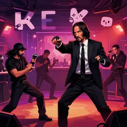 john wick, action scene, fighting goons, in a berlin nightclub, kawaii artwork