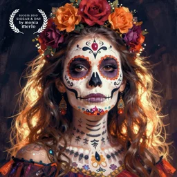 Illustration of a sugar skull day of the dead girl, art by monia merlo