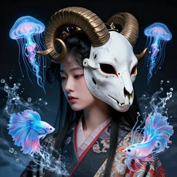 3 d goddess close - up profile death biohazard portrait with crown, ram skull. beautiful intricately detailed japanese crow kitsune mask and clasical japanese kimono. betta fish, jellyfish phoenix, bio luminescent, plasma, ice, water, wind, creature, artwork by tooth wu and wlop and beeple and greg rutkowski