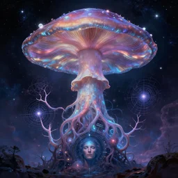galactic yggdrasil as enormous mushroom sentience deity of the stars resides inside void manifold, mycelium branches as quantum foam, fractal of scary dirac equations, portrait by ross tran, timeline nexus, ascending universes, a dnd illustration of esoteric concept by cgsociety and james gurney, artstation, hdr, rtx, iridescent wise mushroom deity