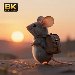 a mouse with a backpack, character, sunset, moebius, high quality, 4 k