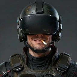 Portrait of a man by Greg Rutkowski, symmetrical face, a marine with a helmet, using a VR Headset, Kubric Stare, with a cigarete in his mouth, crooked smile, he's wearing a tacitcal gear, highly detailed portrait, scifi, digital painting, artstation, book cover, cyberpunk, concept art, smooth, sharp foccus ilustration, Artstation HQ
