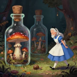 Hell and heaven, captured in bottles, an elderly mushroom walking their pet snail, The Autumn Plague Gardener, the theme of Alice in Wonderland, digital painting, its softness partakes of fluidity, illustration, deep dark, artstation, intricate, biodiversity in a world of change and constancy, ue5, by deiv calviz and bossmonsterbani