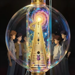 boy admirers a glimmering glass pipe containing the majestic stairways to otherworldly galaxies, high intricate details, rule of thirds, golden ratio, cinematic light, 8 k, octane render, anime style, graphic novel by fiona staples and dustin nguyen, art by beaststars and orange, peter elson, alan bean, studio ghibli, makoto shinkai