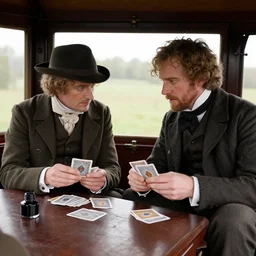inside a wagon Phileas Fogg and Detective Fix playing cards, briush ink