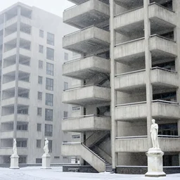 snow falling on brutalist high rise buildings, complex ramps, balconies, stairways, white marble statues on pedestals in the background, depth of field, sharp focus, clear focus, beautiful, award winning architecture, le corbusier, frank lloyd wright, snow, fog, mist, hopeful, quiet, calm, serene