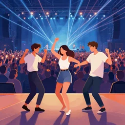 illustration studio portrait of three friends dancing at a concert, huge croud and lasers, monet painterly motives and textures pattern, hyper detailed, octane render, vivid colors, artstation, by jeremy mann, by alphonse mucha, by monet