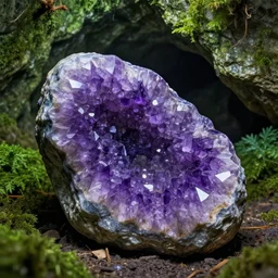 beautiful giant piece of amethyst in a lush cave, greg rutkowski