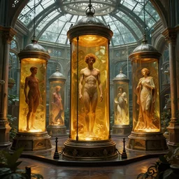 octane render, ultra photorealistic, hyper detailed, unreal engine, a breathtaking sci - fi gothic victorian greenhouse terrarium with amber liquid containers perserving human bodies. artwork by guillermo del toro, james cameron, greg rutkowski, alphonse mucha, james gurney inspired by blade runner 2 0 4 9