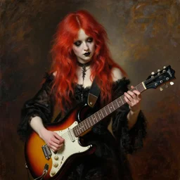 Redhead goth girl playing electric guitar, oil painting by Lawrence Alma-Tadema, masterpiece