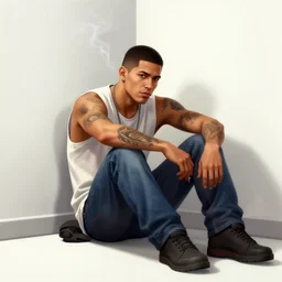 a tattooed young and thin latino guy, alone, sitting on the floor in a white room wearing a sleeveles shirt and blue jeans, short hair, tattoos, smoking, illustration, gta v, unreal engline, cinematic lighting, establishing shot, wow, science fiction, art by jordan grimmer
