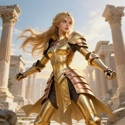 knights of zodiac girl, golden and copper armor, armor knight fighting cinematic shot, in ruined agora of athens sunrise, ssci - fi and fantasy, intricate and very very beautiful and elegant, highly detailed, digital painting, artstation, concept art, smooth and sharp focus, illustration, art by tian zi and wlop and alphonse mucha