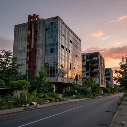 a street view of brutalist architecture by Le Corbusier, abandoned derelict buildings, damaged structures, empty streetscapes, surrounded by lush green vegetation, volumetric lighting, sunset, rusted steel, solid concrete, glass, stunning skies, scattered rubbish and debris, 8k, photorealistic, hyper detailed, unreal engine 5, IMAX quality, cinematic, epic lighting, digital painting from DOOM and Quake, in the style of Greg Rutkowski, trending on Artstation