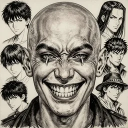 a bald man with nails inserted into his two eyes, tattos around eyes, wide evil grin, painting, by greg ruthowski, yoshikata amano, yoji shinkawa, alphonse murac, collaborative artwork, beautifully drawn, heavily detailed