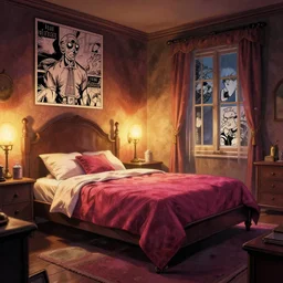 photo, cartoon illustration comics manga painting of bedroom, fantasy, digital painting, unreal engine, 8 k, volumetric lighting, contrast by john kirby by carl warner and jim woodring, trending on artstation