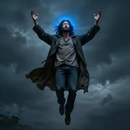 A handsome Latino god floating with his arms up, his eyes glowing yellow, casually dressed, his head glowing blue ominously. Shot from below, photorealistic, ominous and apocalyptic dark sky.