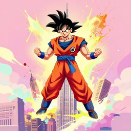 goku destroying the empire state building, pixiv fanbox, dramatic lighting, maximalist pastel color palette, splatter paint, pixar and disney exploded - view drawing, graphic novel by fiona staples and dustin nguyen, peter elson, alan bean, wangechi mutu, clean cel shaded vector art, trending on artstation
