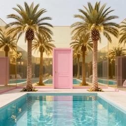 fake reality, glitches, indoor liminal space, golden light, greg rutkowski, palm trees, pink door, minimalistic, hyperrealistic surrealism, award winning masterpiece with incredible details, epic stunning, infinity pool mirrors, a surreal vaporwave liminal space with mirrors, highly detailed, trending on artstation, artgerm and greg rutkowski and alphonse mucha, daily deviation