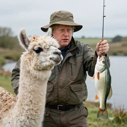 llama wearing fishing hat, fishing up a fresh boris johnson on rod