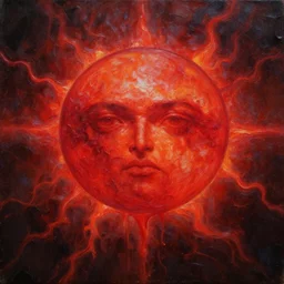 detailed painting of a red sun with a powerful aura, oil paint, heavy texture, extreme detail, veins, dripping, flowing, perfectionism, ultra - hd, super - resolution, massive scale, artstation, dark tones
