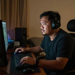 a somewhat bulky Phillipine man in his mid-20s with a goatee, who looks like he could be a criminal, playing DOTA 2 in his bedroom, dimly lit, cozy atmosphere