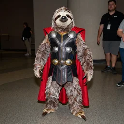 a sloth cosplaying as thor, dragoncon, flash photography, full length, 3 5 mm, f / 2. 8