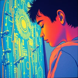 risograph grainy painting of boards of canada - music has right to children, by moebius and dirk dzimirsky and satisho kon, blue hour, close - up wide portrait