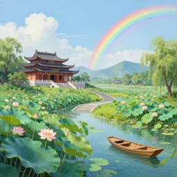 a gorgeous summer landscape painting by barlowe wayne maxfield parrish and marco mazzoni. lotus pond. chinese temple. the winding steps. boat. ultra clear detailed. 3 d, octane render. a lonely rainbow.
