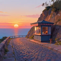 a lonely cobblestone street with a kiosk on a cliff over the sea at sunset, artstation, colorful sylvain sarrailh concept art, by peter chan, wrong perspective points