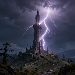 matte painting of a magical mage tower on a hill getting struck by lightning, scenic view, dramatic lighting, cinematic