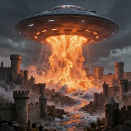 molten tsunami storm with ufo emerging over medieval castles, highly detailed, digital painting, concept art, smooth, sharp focus, illustration, unreal engine 5, 8 k, photograph
