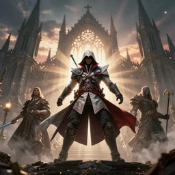 Assassin's Creed Bloodborne mashup, gothic architecture, dynamic poses, low camera angle, god rays, bloom, volumetric fog, moody ambiance, cinematic lighting, twilight, sunset, Brom, Caravaggio, Giger, fantasy, portfolio illustration, highly detailed, trending on Artstation, CGsociety, HQ, 8k, 35mm lens, f2.8, Bokeh,