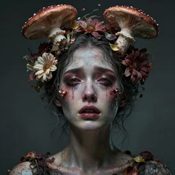 a disturbing digital horror arthouse photograph of a beautiful crying woman with flowers and fungus growing out of her head and petals dripping from her eyes, intricate, sharp focus, cinematography, highly detailed, octane render, digital horror artwork, matte, photography by professional photographer