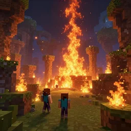 mine craft end deminsion, art station, volumetric lighting, fire, war, beautiful, sharp focus, ultra detailed, concept art