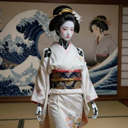 the oriental female bionic artificial intelligence geisha in kimono is white, tender and beautiful. behind it is a japanese tatami room painted with a wave ukiyo screen, game character concept art, wide view, high detailed, craig mullins, peter mohrbacher, unreal engine, 8 k, dark beauty, trending on artstation