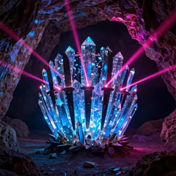 goth disco in a cave with pink lasers and blue crystals forming a sphere of knives