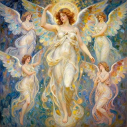 illustration studio portrait of multiple magical beautiful seraphim female energy in artistic poses in nature, monet painterly motives and textures pattern, hyper detailed, octane render, vivid colors, artstation, by jeremy mann, by alphonse mucha, by monet.