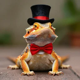dslr portrait still of a bearded dragon wearing a top hat and a red bowtie, 8 k 8 5 mm f 1. 4