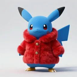 A cute pokemon that resembles a blue bill wearing a puffy red coat by James Rosenquist