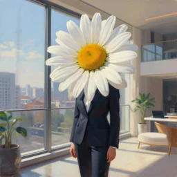 huge daisy flower as head, woman in suit, standing in modern window in luxury apartment, surreal photography, sunlight, impressionist painting, digital painting, artstation, simon stalenhag