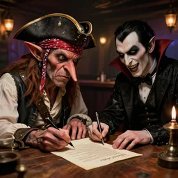 ( pirate with a bandanna ), goblin!!! with a big nose, and a vampire!!! signing a contract in a saloon, hyperrealism, 8 k, intricate