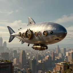 a SHARK blimp, steampunk, digital art, extremely detailed, flying over a city, greg rutkowski, cinematic