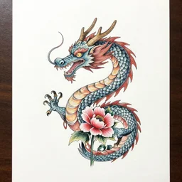 creative dragon and flower art on white paper, like tattoo