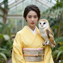 photo portrait of an extremely beautiful woman!!!!!!, wearing a yellow kimono!!, ( ( ( ( ( very detailed barn owl on her shoulder ) ) ) ). in a tropical greenhouse. elegant, highly detailed, symmetry, smooth, sharp focus, national portrait gallery
