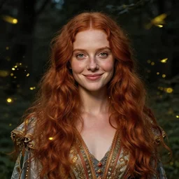 a happy a young woman, among the lights of golden fireflies and nature, wearing a wonderful dress, long loose red hair, intricate details, green eyes, freckles on the nose, round gentle smiling face, golden ratio, high contrast, hyper realistic digital art by artemisia lomi gentileschi and caravaggio and artgerm.