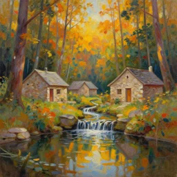 sparse stone cottages underneath a dense tall forest, reflex from cascading ponds. fine painting intricate brush strokes, bright depth oil colors. 2 8 mm perspective photography by araken alcantara. intense promiseful happiness, autumn sunrise warm light. hopeful environment of bodyscapes