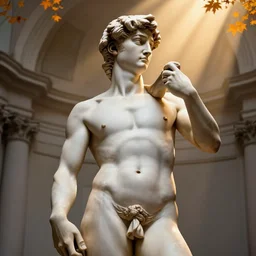 a long shot of a hyper detailed ultra sharp portrait of a beautiful chubby statue of david with loincloth in the accademia di belle arti, god - rays, dramatic light, sharp focus, global illumination, radiant light, unreal 5, daz, hyperrealistic, octane render, cosplay, rpg portrait, dynamic lighting, intricate detail, harvest fall vibrancy, cinematic