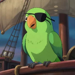 a wholesome animation key shot of a green parrot with an eye patch, on top of a pirate ship, close shot, studio ghibli, pixar and disney animation, sharp, rendered in unreal engine 5, anime key art by greg rutkowski, bloom, dramatic lighting